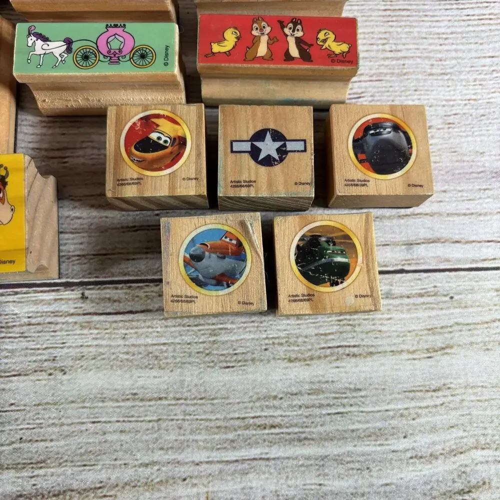 Disney Wooden Rubber Stamp Lot of 23 Mickey Mouse Princess Ariel Planes Craft